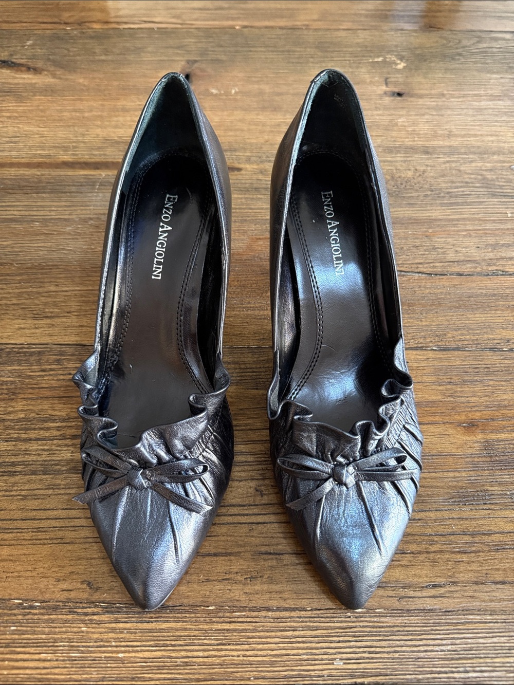 Enzo Angiolini Black Pointed-Toe Leather Pumps with Bow Detail
